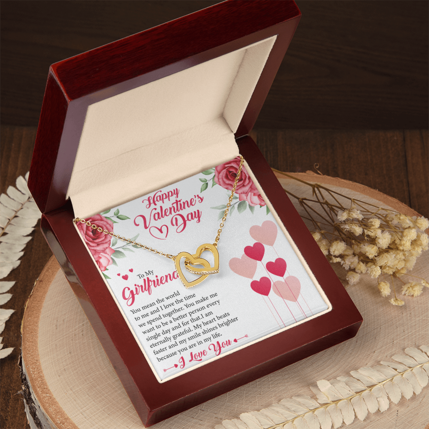 To My Girlfriend, My Valentine, Valentines Day Gift For Girlfriend, Interlocking Hearts Necklace with Message Card