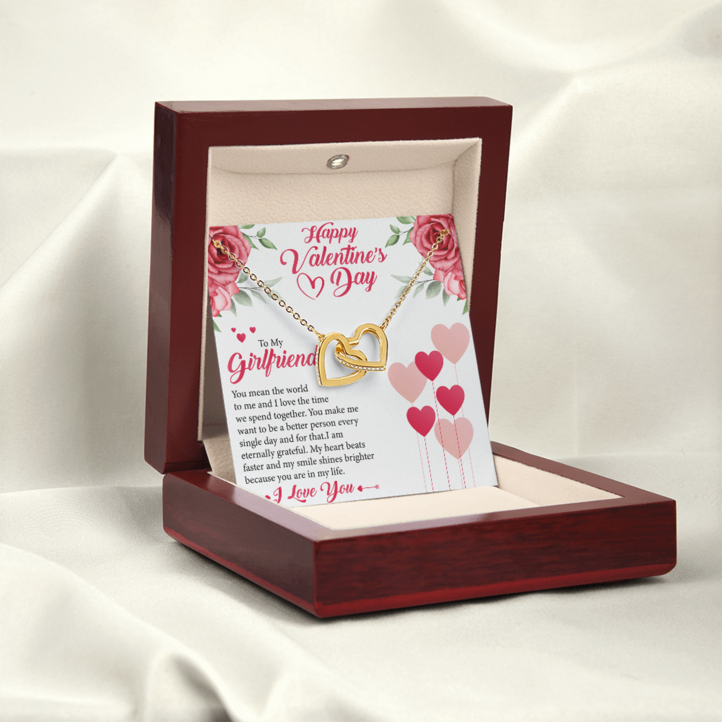 To My Girlfriend, My Valentine, Valentines Day Gift For Girlfriend, Interlocking Hearts Necklace with Message Card