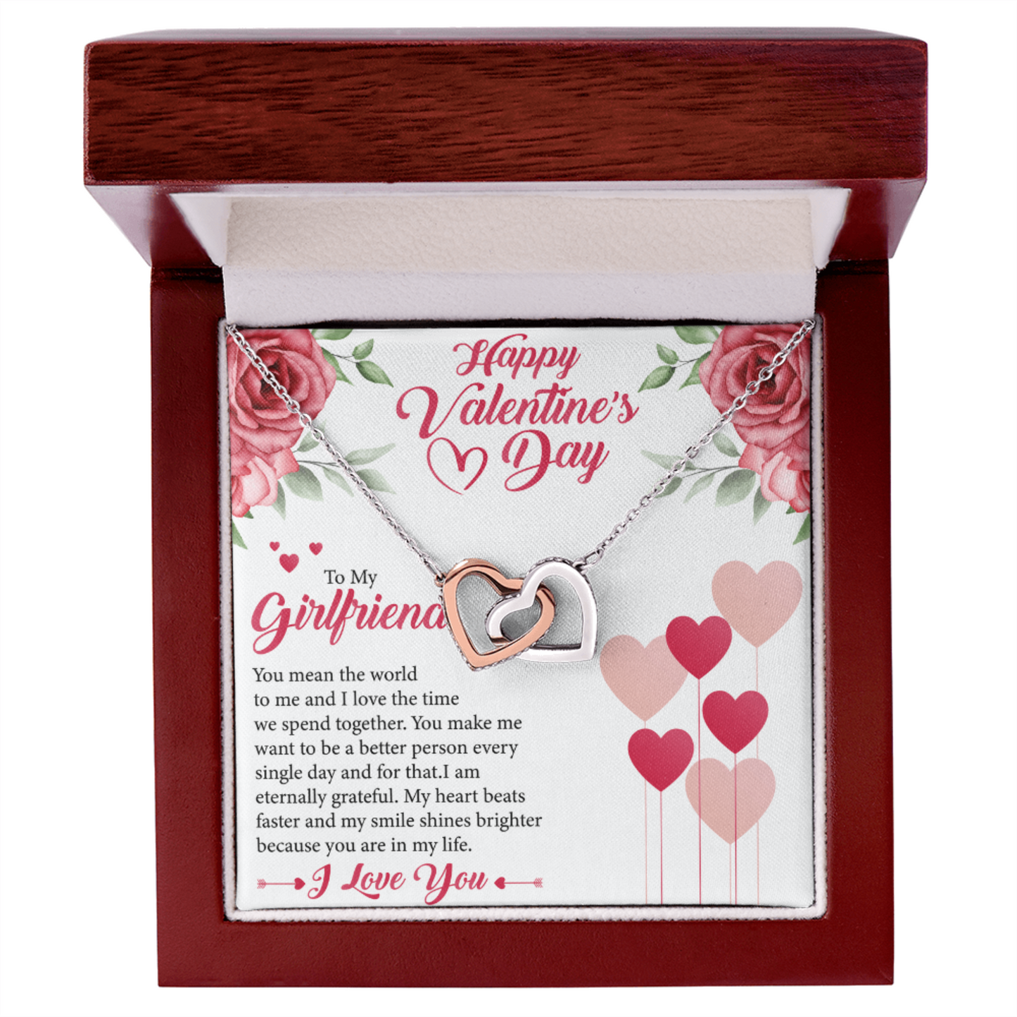 To My Girlfriend, My Valentine, Valentines Day Gift For Girlfriend, Interlocking Hearts Necklace with Message Card