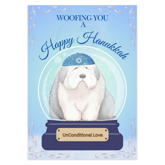 Woofing You a Happy Hanukkah 5x7" Greeting Card, Hanukkah, Old English Sheepdog