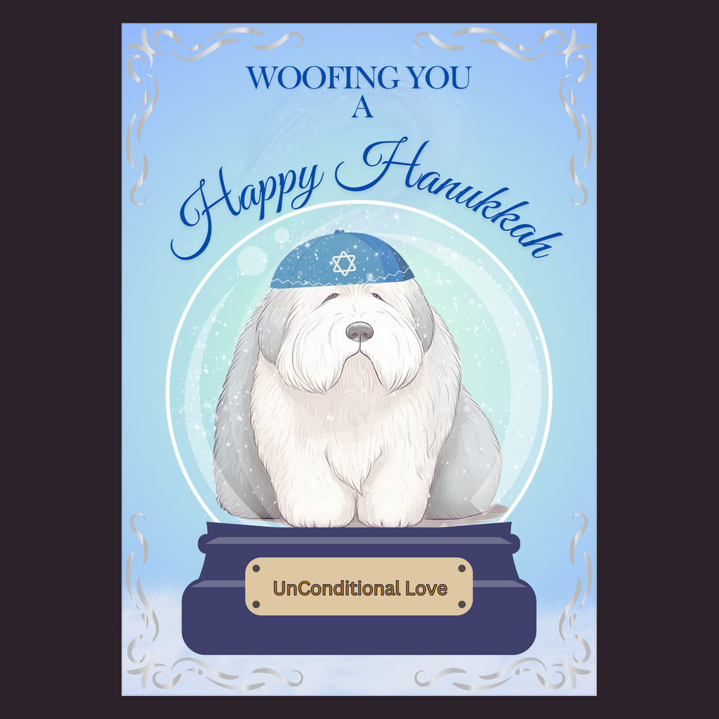 Woofing You a Happy Hanukkah 5x7" Greeting Card, Hanukkah, Old English Sheepdog