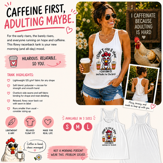 "I Don’t Rise & Shine, I Caffeinate..." - Women's Flowy Racer Back Tank Top
