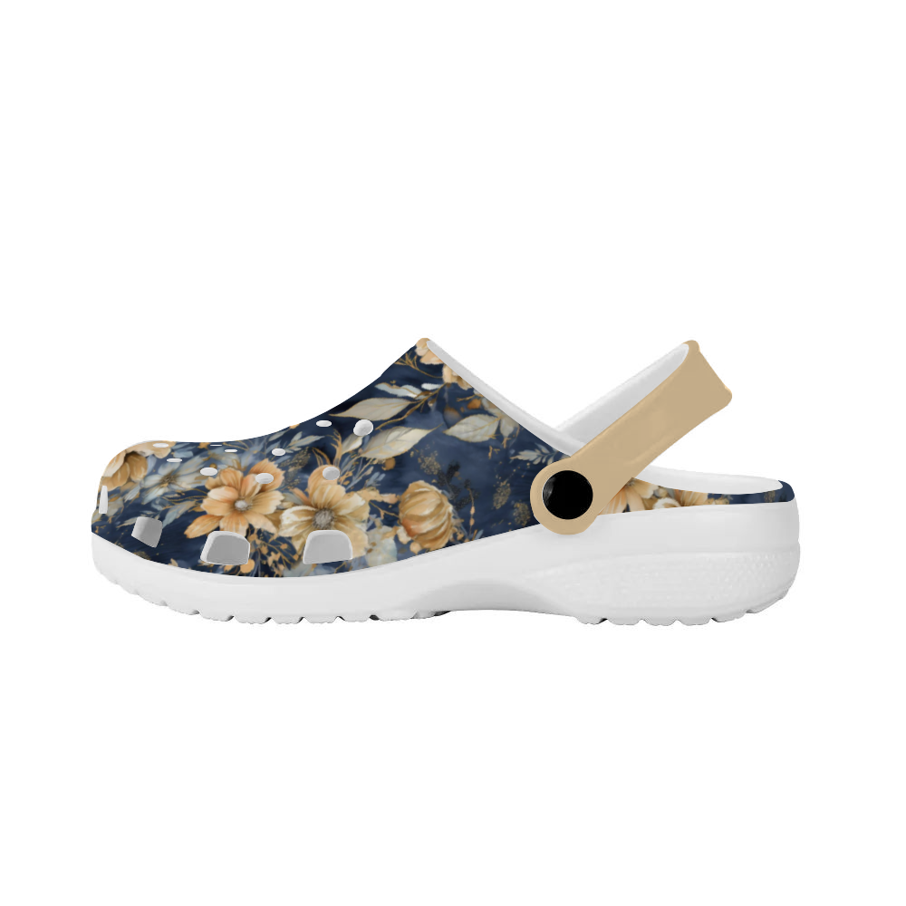 Floral, Navy Blue with Golden Flowers