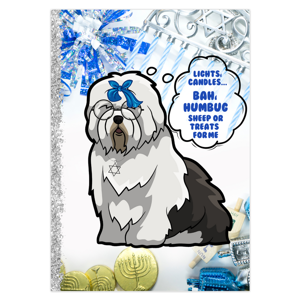 Hanukkah Greeting Card, Bah Humbug 5x7" Greeting Card, Hanukkah, Old English Sheepdog