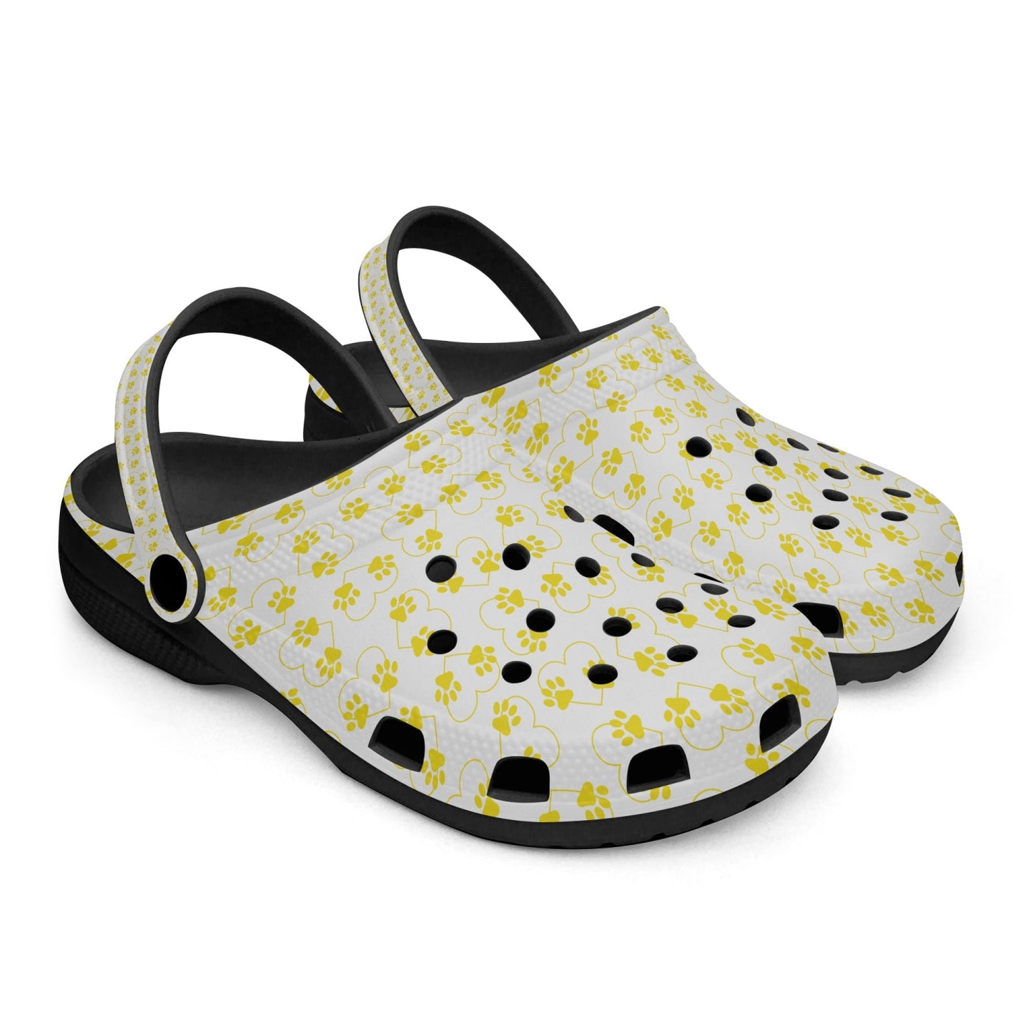 Paw Prints and Hearts, Yellow, Black Soles Clogs