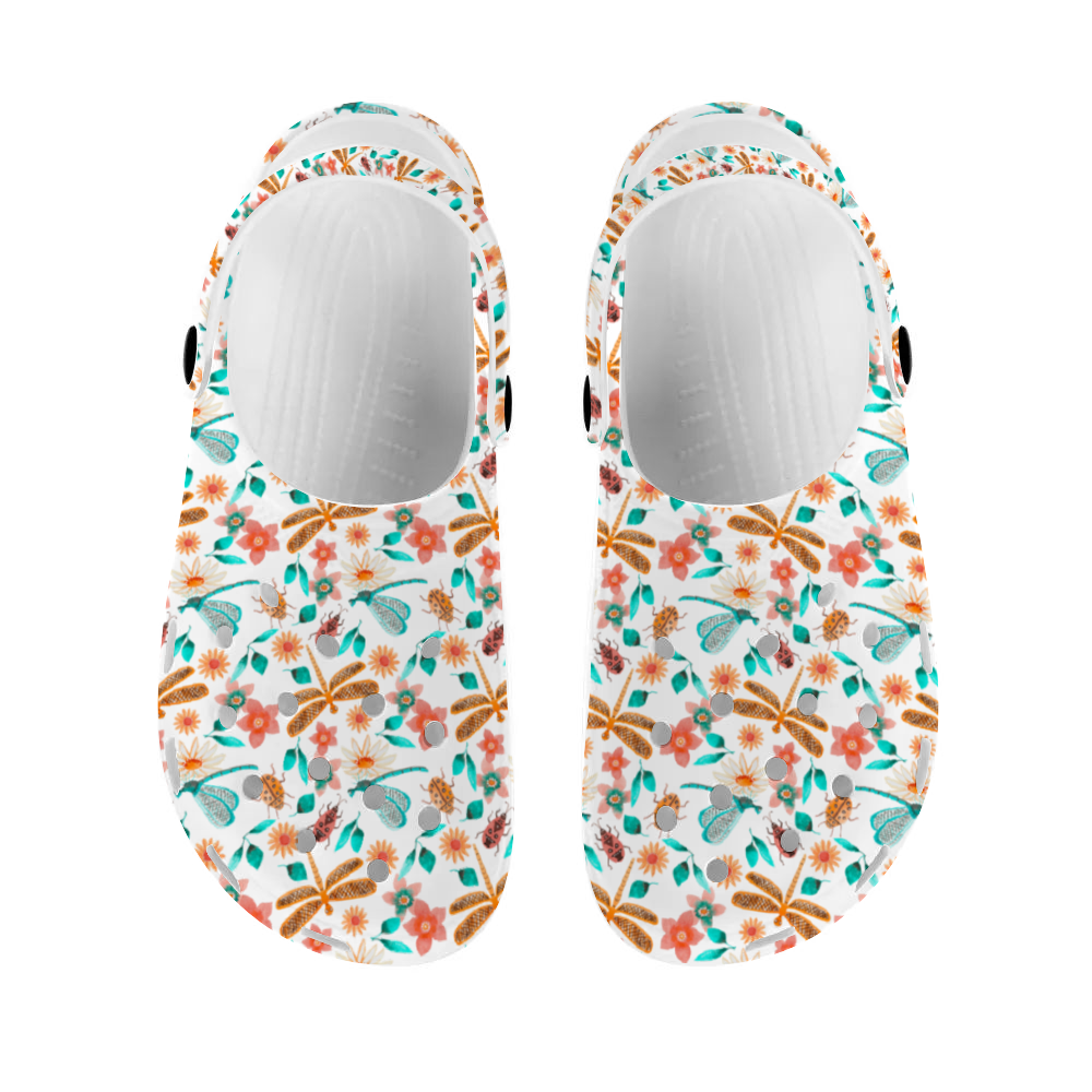 Women's Clogs with Dragonflies, Slide On's  Blue and Beige