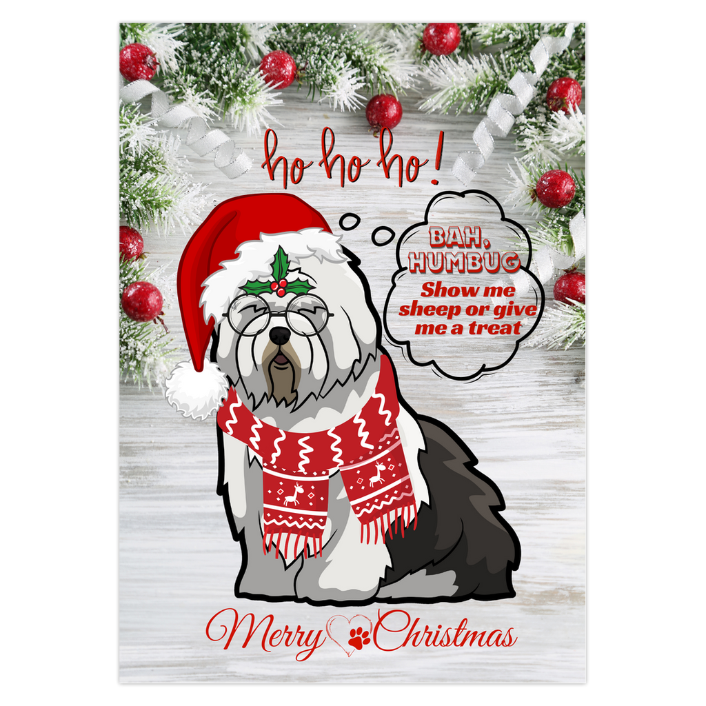 Sheepie Scrooge - Ho Ho Ho, 5x7" Old English Sheepdog Christmas Card Old English Sheepdog