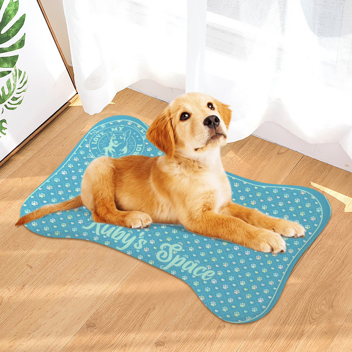 Teal Paw Prints, Personalized - Dog Bone Rug