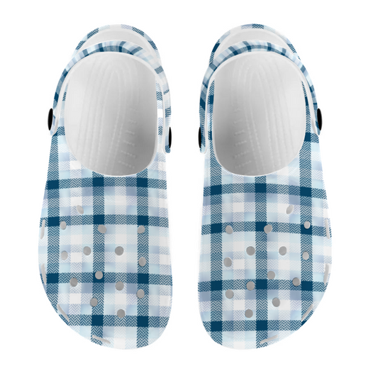 Unisex Teal Plaid Clogs, Light Blue, Teal and White