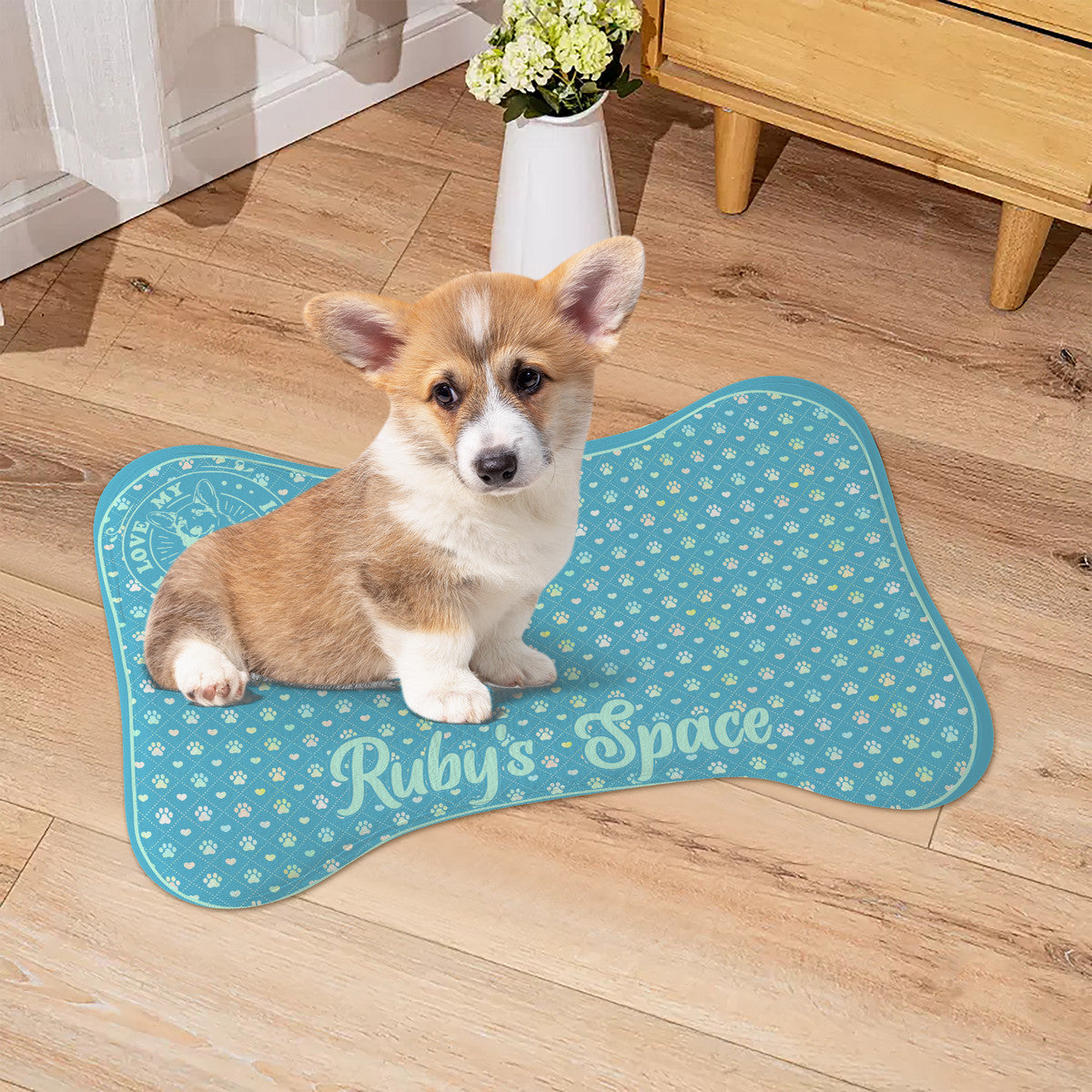 Teal Paw Prints, Personalized - Dog Bone Rug