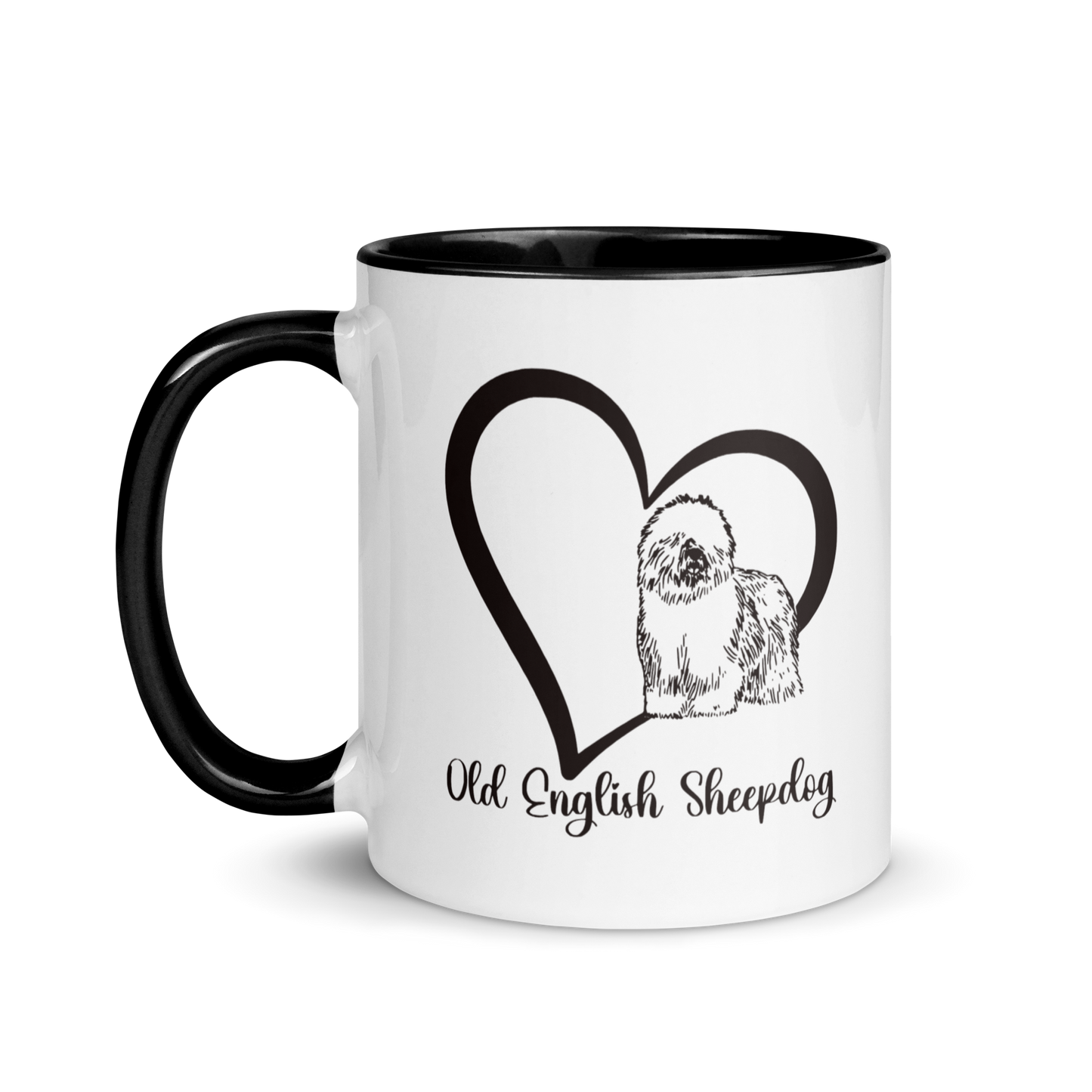 Heart Wrapped Old English Sheepdog, Black Accented Ceramic Coffee Mug, 11oz, 15oz