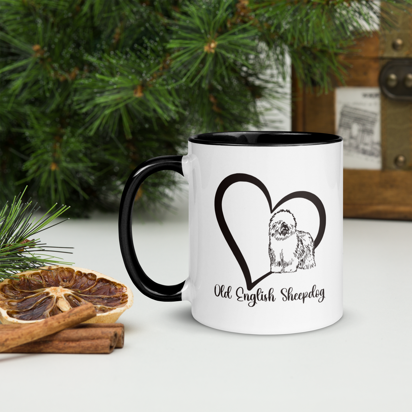 Heart Wrapped Old English Sheepdog, Black Accented Ceramic Coffee Mug, 11oz, 15oz