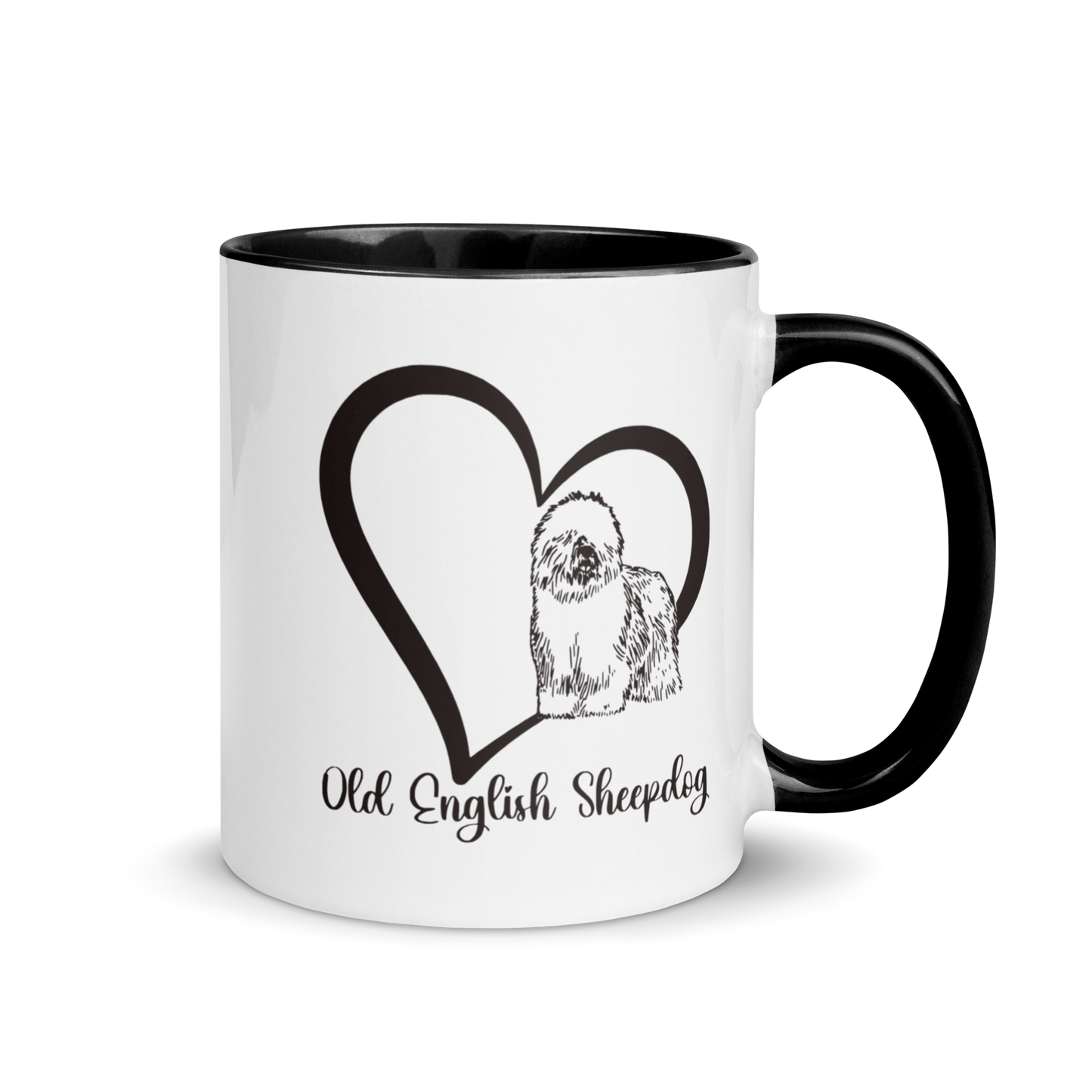 Heart Wrapped Old English Sheepdog, Black Accented Ceramic Coffee Mug, 11oz, 15oz