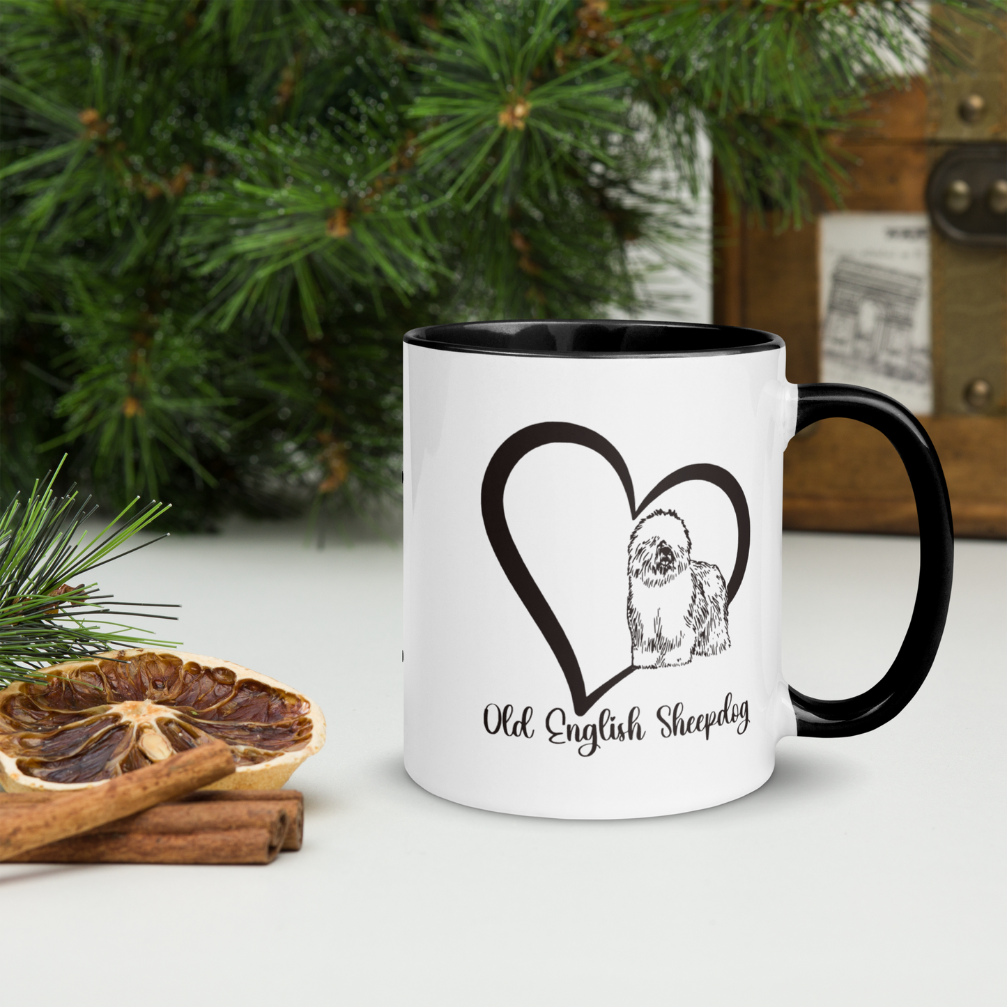 Heart Wrapped Old English Sheepdog, Black Accented Ceramic Coffee Mug, 11oz, 15oz