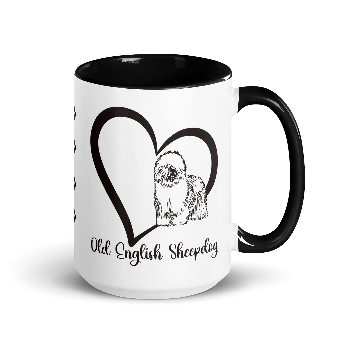 Heart Wrapped Old English Sheepdog, Black Accented Ceramic Coffee Mug, 11oz, 15oz