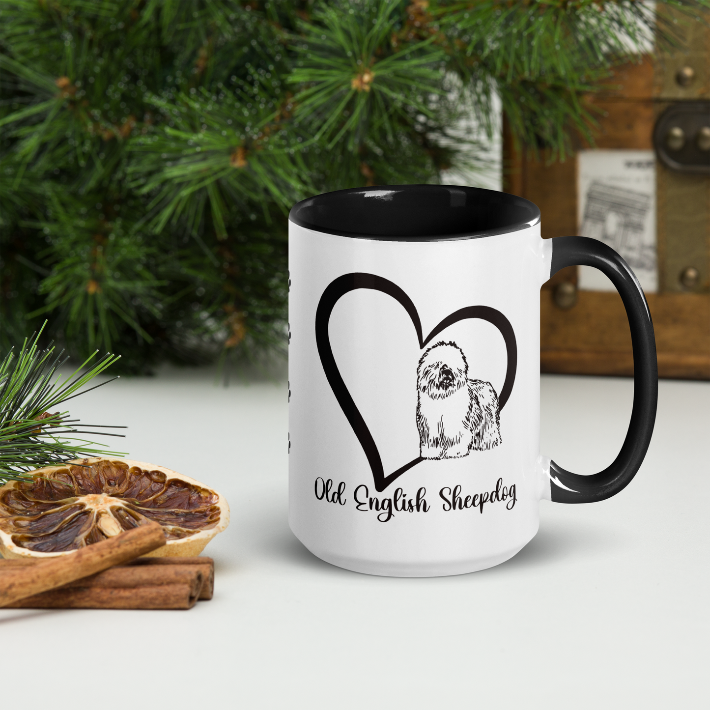 Heart Wrapped Old English Sheepdog, Black Accented Ceramic Coffee Mug, 11oz, 15oz